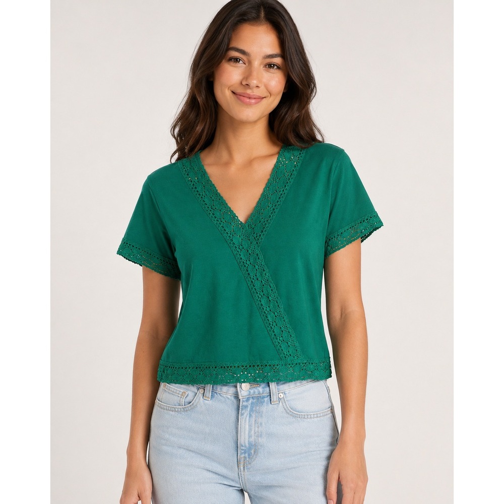 Bunulu Emerald Green Crochet Trim Wrap Top Women's M Cotton